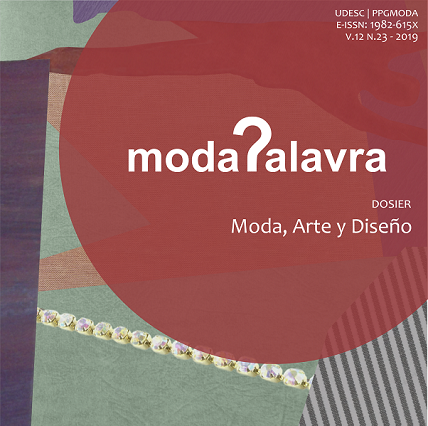 Capa da Modapalavra, V. 12, N.23 (2019). Círculo vermelho com o logotipo da revista Modapalavra com um ponto de interrogação estilizado como letra p e o título do dossiê Moda, Arte e Design.