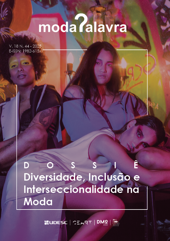 Capa da Modapalavra, V.18, N.44 (2025). Três pessoas posam em frente a uma parede grafitada. No centro superior, o logotipo da revista Modapalavra com um ponto de interrogação estilizado como letra p. Na parte inferior, o título do dossiê Diversidade, Inclusão e Interseccionalidade na Moda.